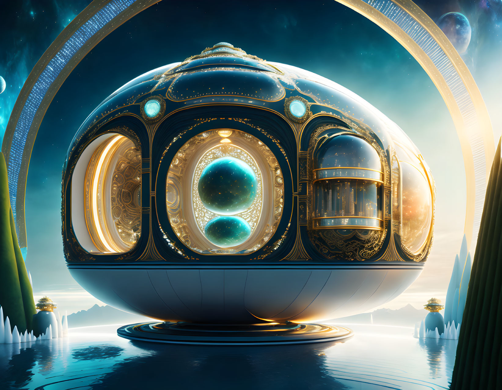 Ornate spherical futuristic building with celestial backdrop