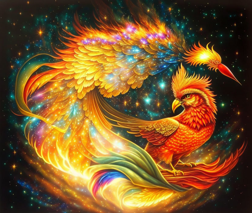 Colorful mythical phoenix with fiery plumage on cosmic background