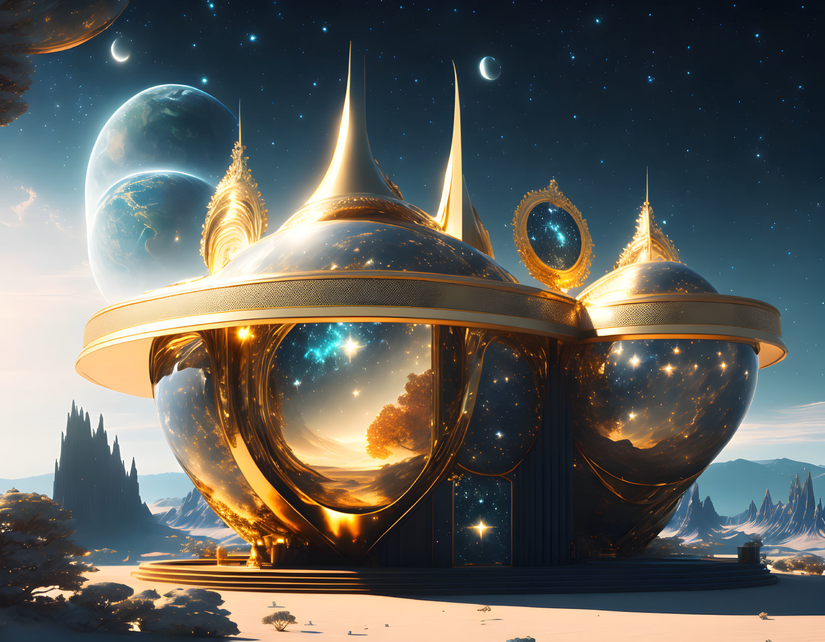 Futuristic golden city with spires under starry sky