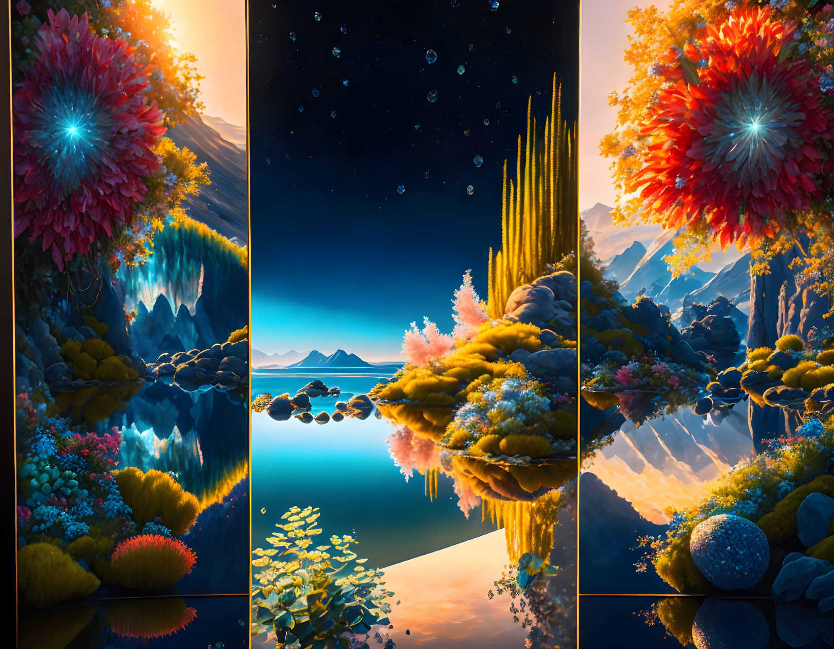 Colorful Triptych Artwork: Mystical Landscape with Flora, Water, and Night Sky