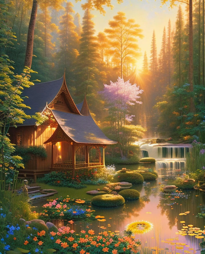 Tranquil Cottage in Lush Greenery with Waterfalls and Pond