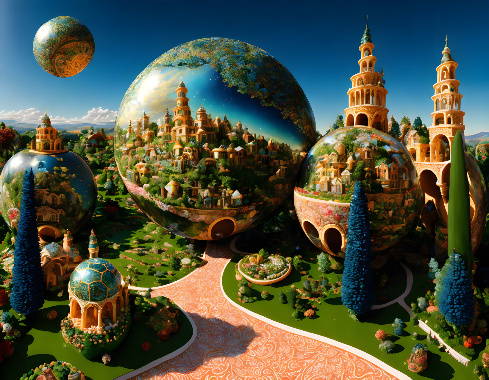 Fantasy landscape with floating orbs, intricate buildings, lush greenery, ornate pathways