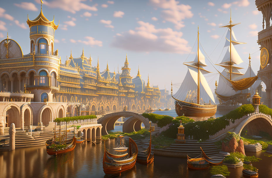 Majestic fantasy cityscape with golden buildings and sailing ships at sunset