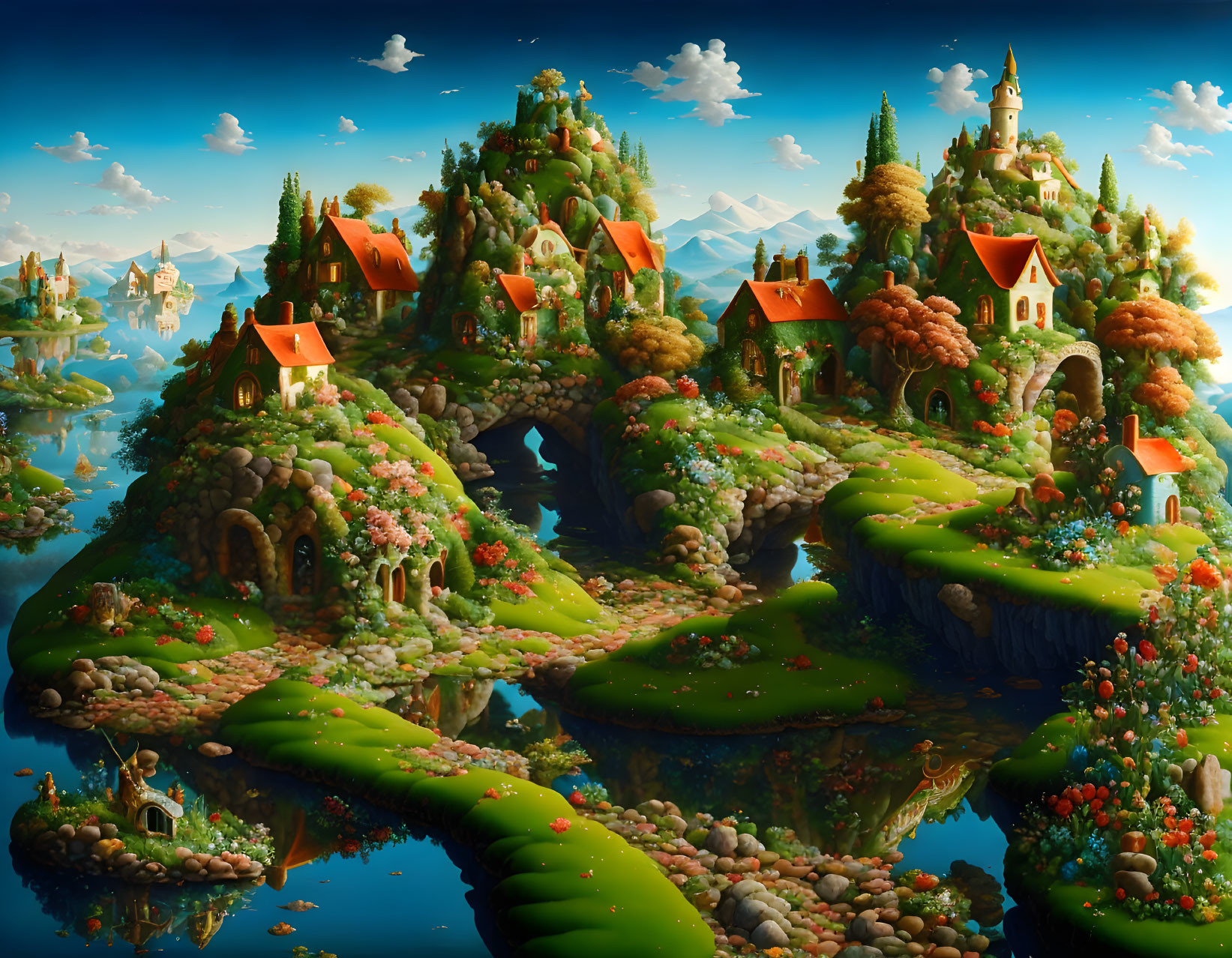 Colorful fantasy landscape with green islands, whimsical houses, flowers, and distant mountains.