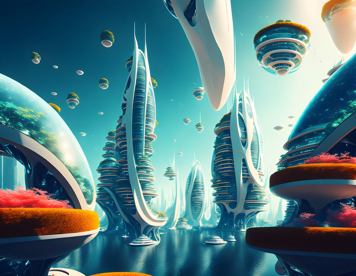 Futuristic cityscape with floating structures and greenery