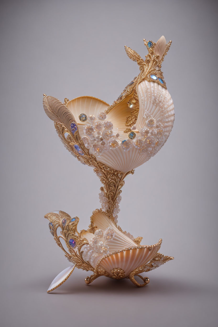 Ornate clamshell sculpture with pearls, gold filigree, and gemstones