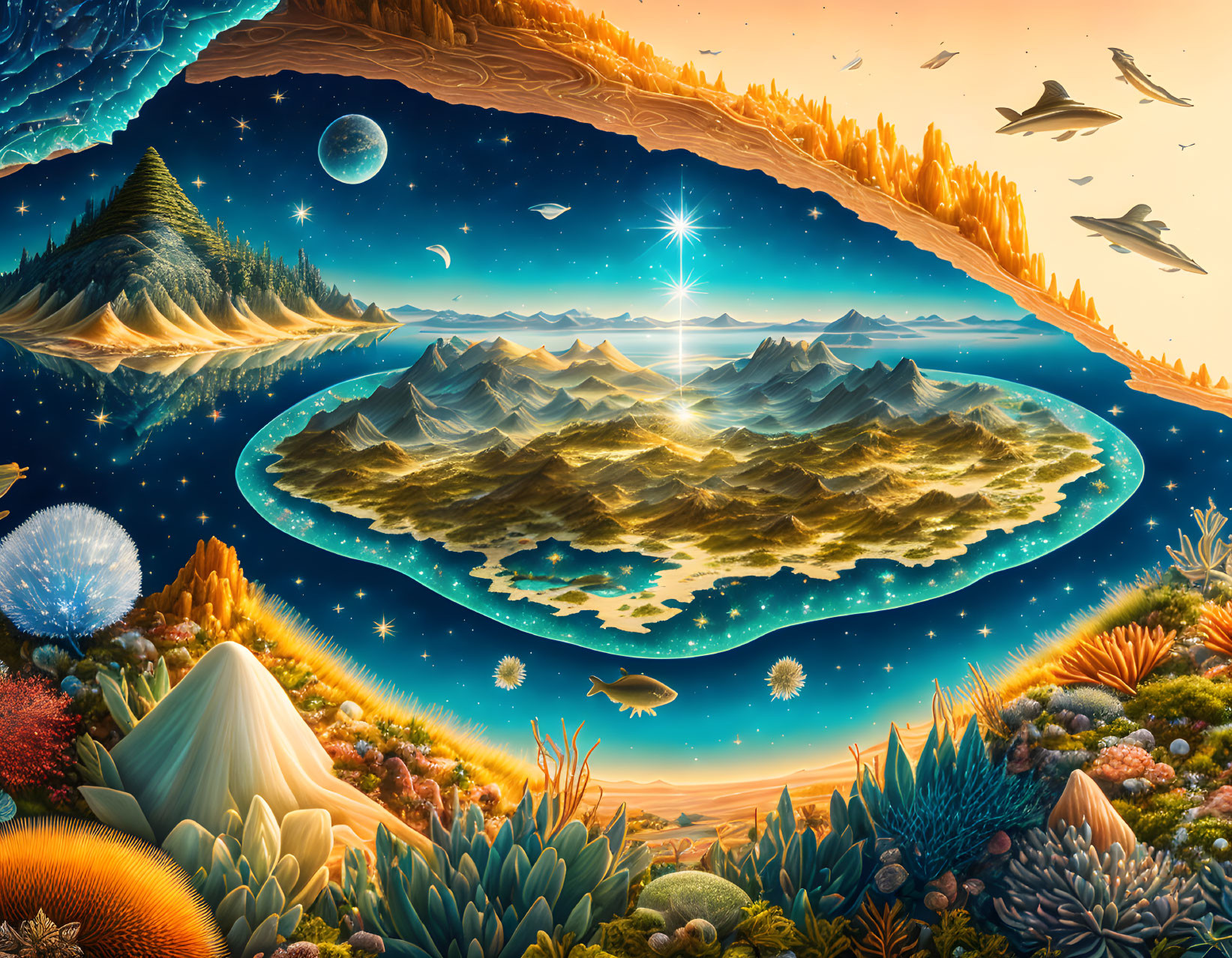 Surreal landscape with island, marine life, mirrored forest, and cosmic boundary