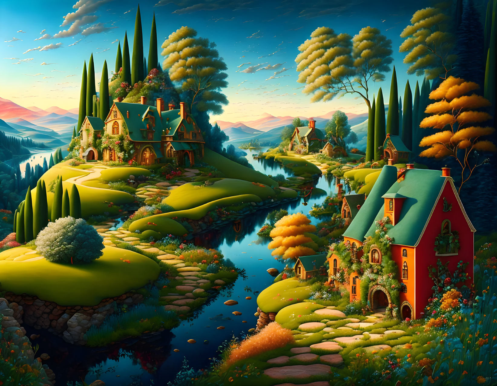 Whimsical landscape with storybook cottages and colorful trees