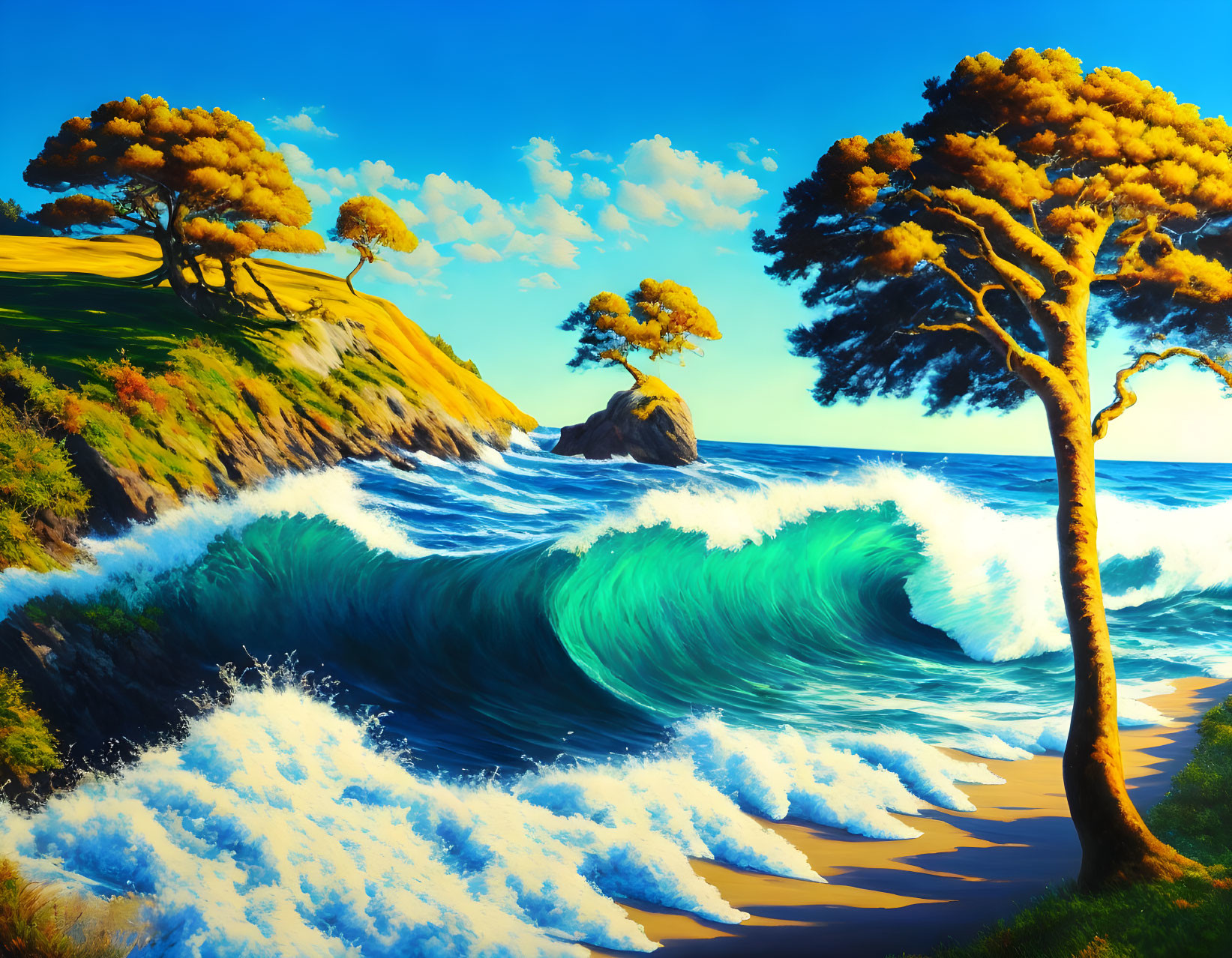 Vibrant coastal scene: teal waves, sandy beach, greenery, golden trees, blue sky