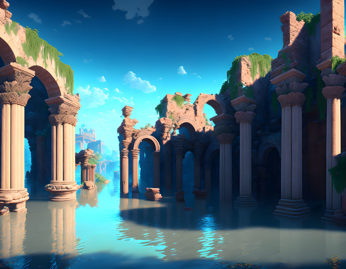 Ancient columns and arches partially submerged in water with vegetation under blue sky