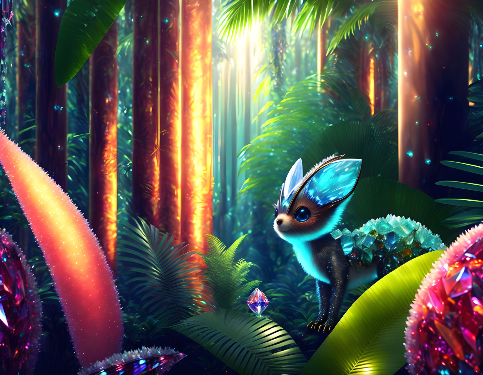 Fantastical creature with large eyes in vibrant jungle with crystal formations