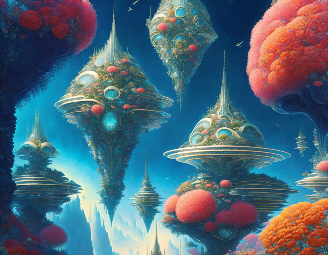 Alien cityscape with floating spire-like structures and coral-like trees