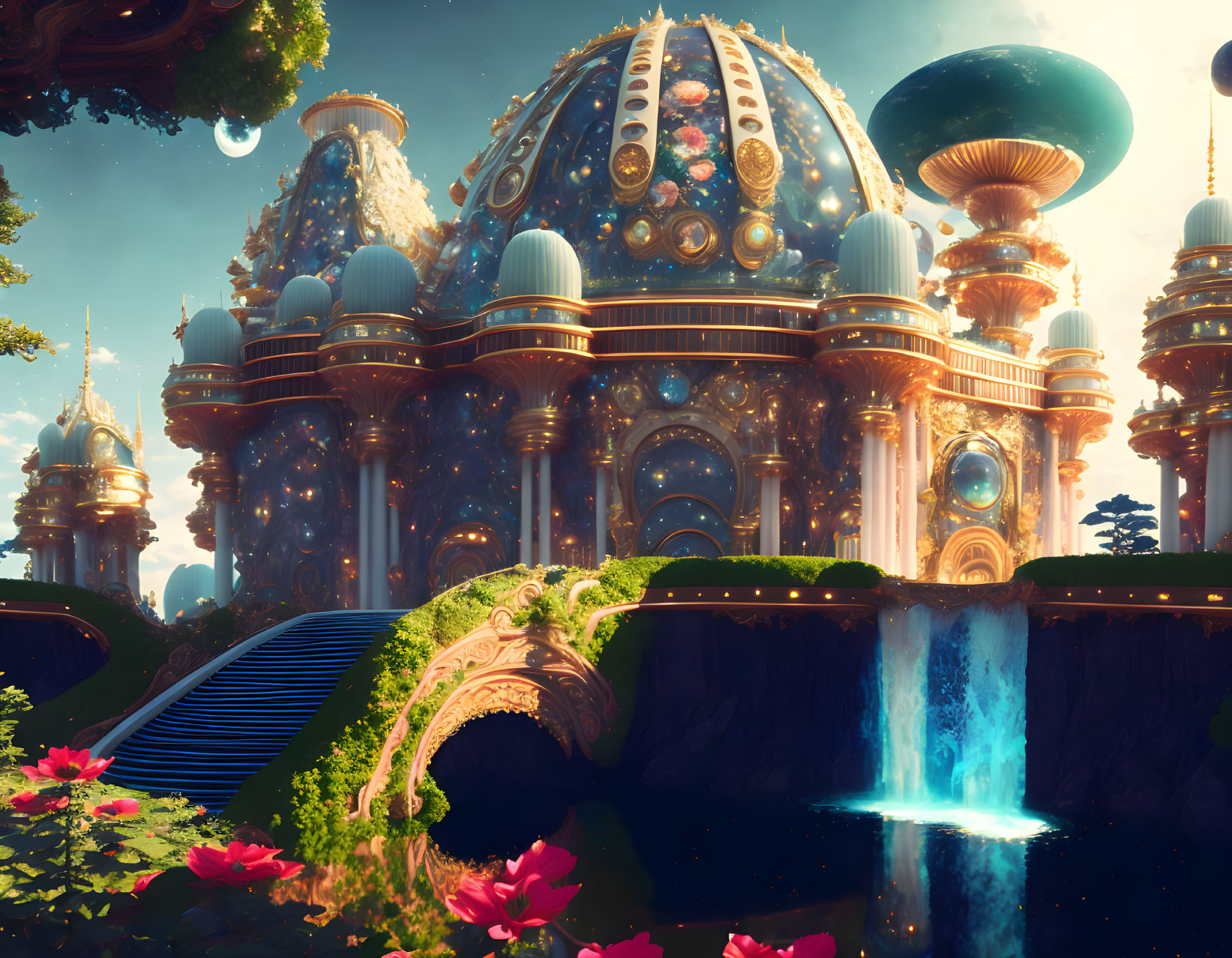 Futuristic golden-domed palace in lush greenery with waterfalls