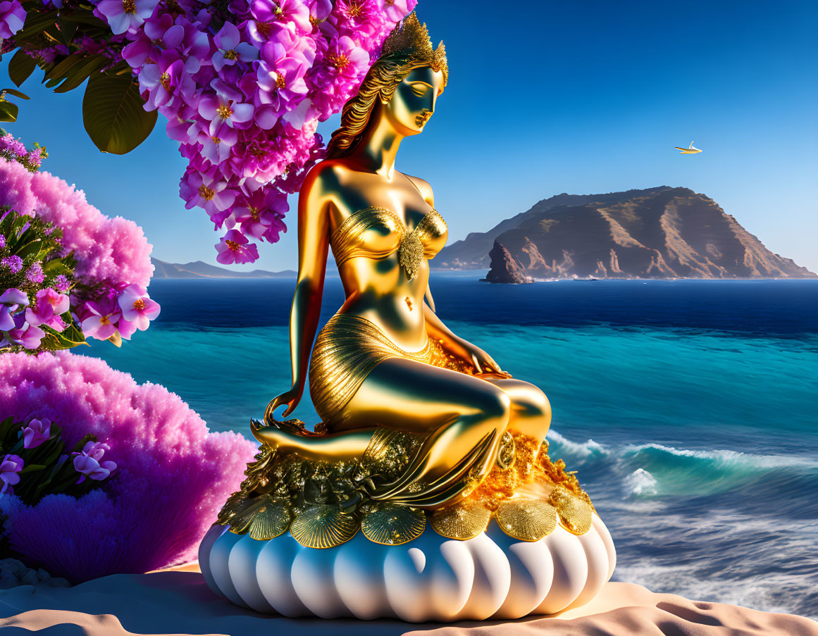 Golden statue of woman meditating on shell by sea, flowers, distant island