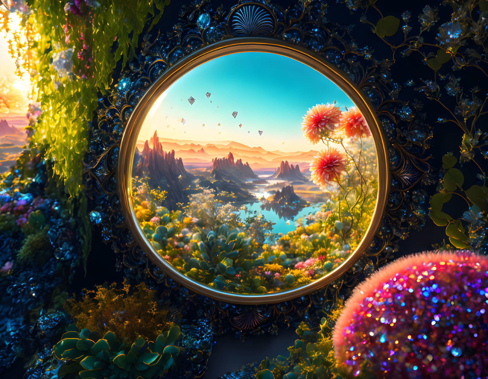 Ornate mirror reflecting fantastical landscape with flowers, lake, balloons, sunset