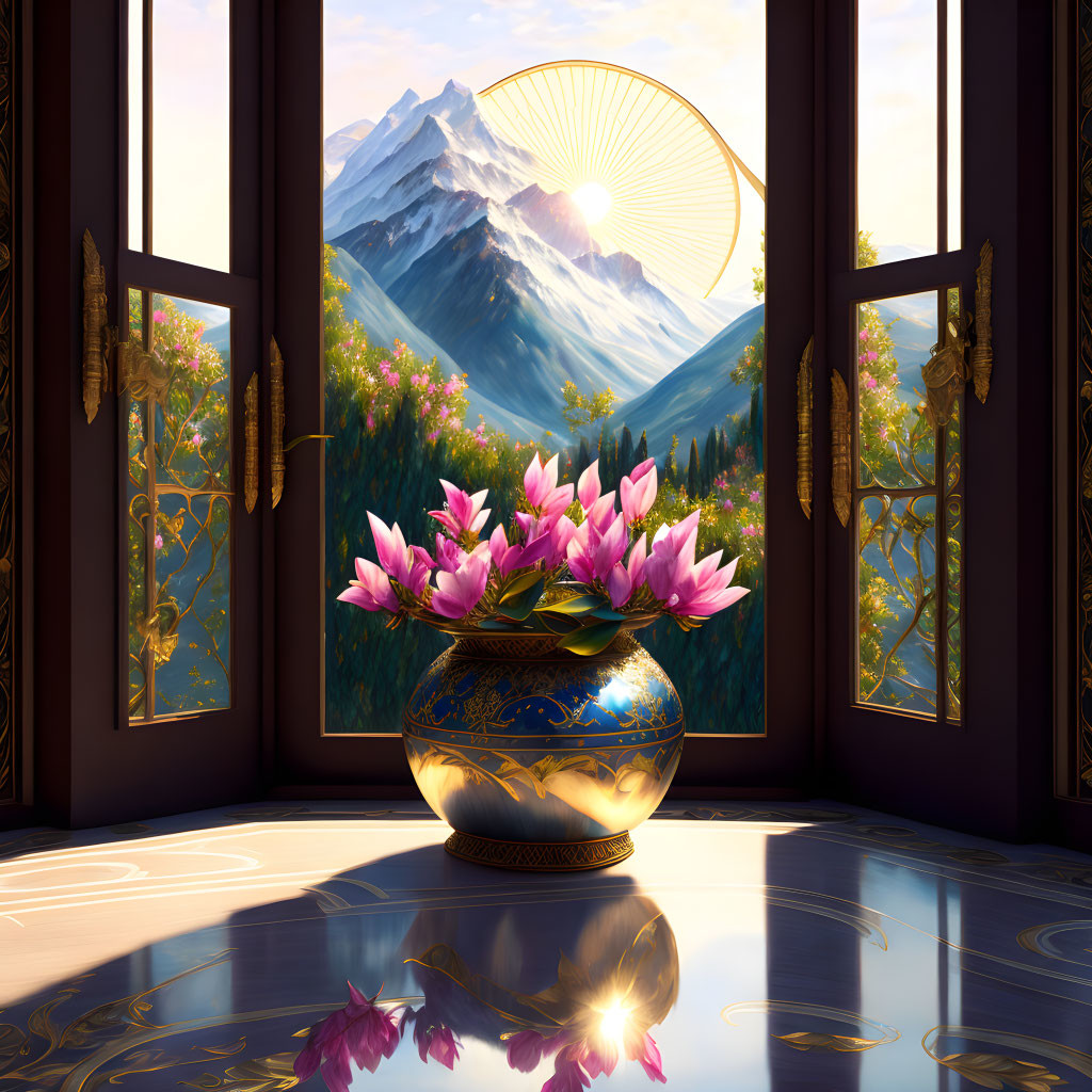 Sunrise mountain view with pink lilies and glossy floor reflection