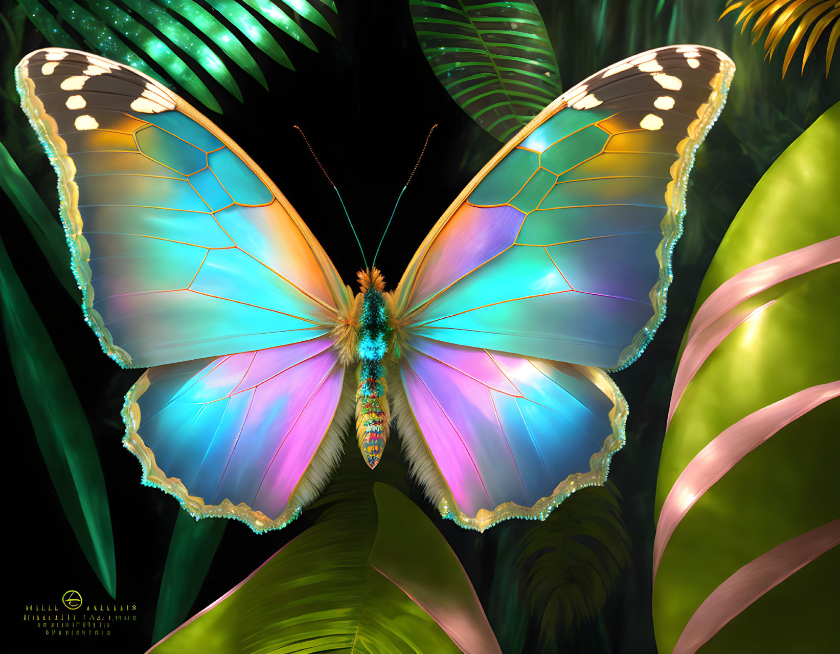 Colorful Butterfly Illustration with Iridescent Wings on Foliage