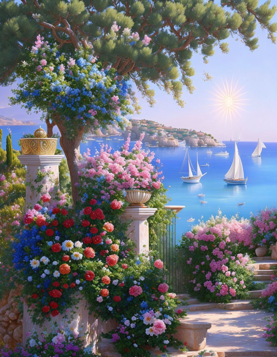 Tranquil seaside landscape with sailboats, blooming flora, and stone balustrade