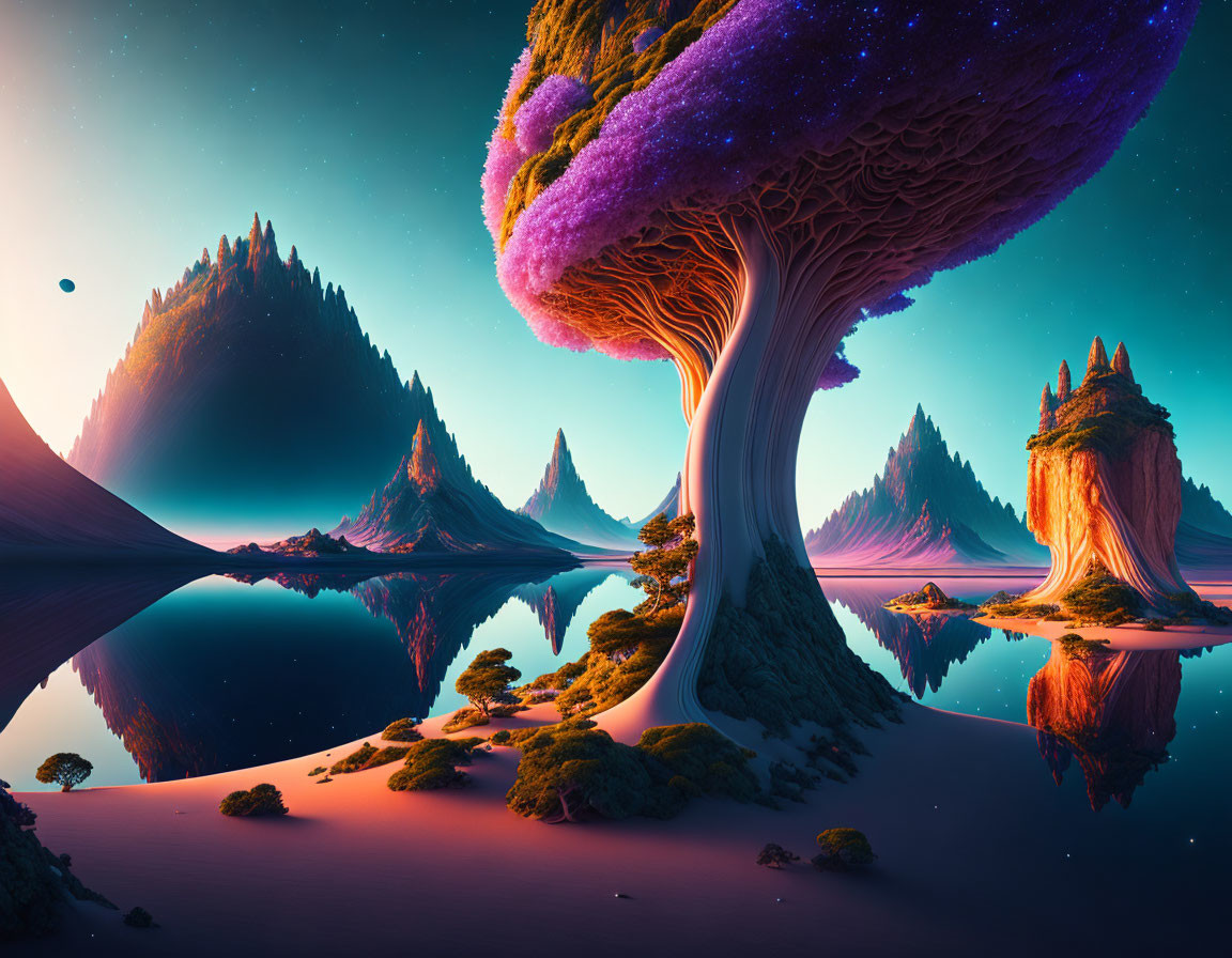 Fantastical landscape with giant mushroom-like trees and starry sky