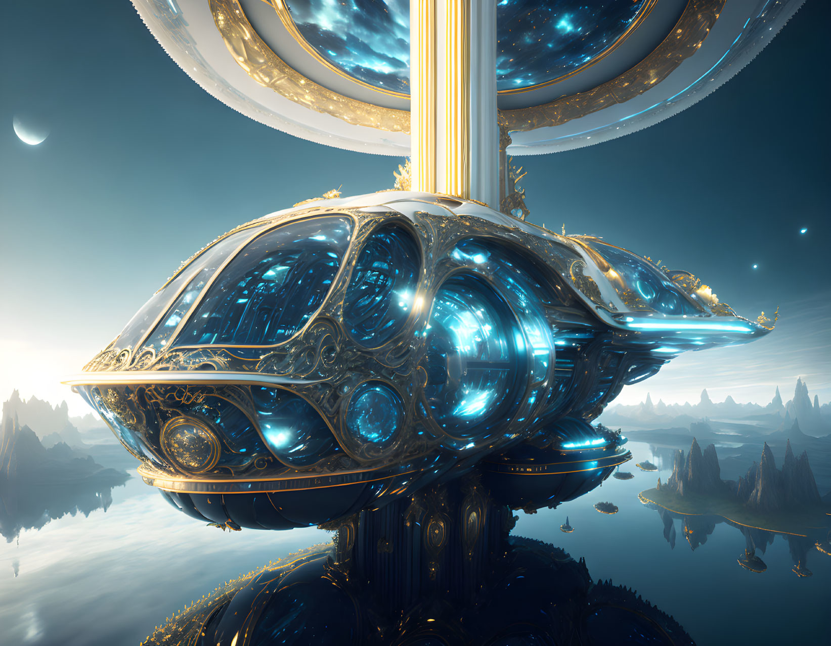 Golden futuristic structure with blue glowing accents in fantastical landscape