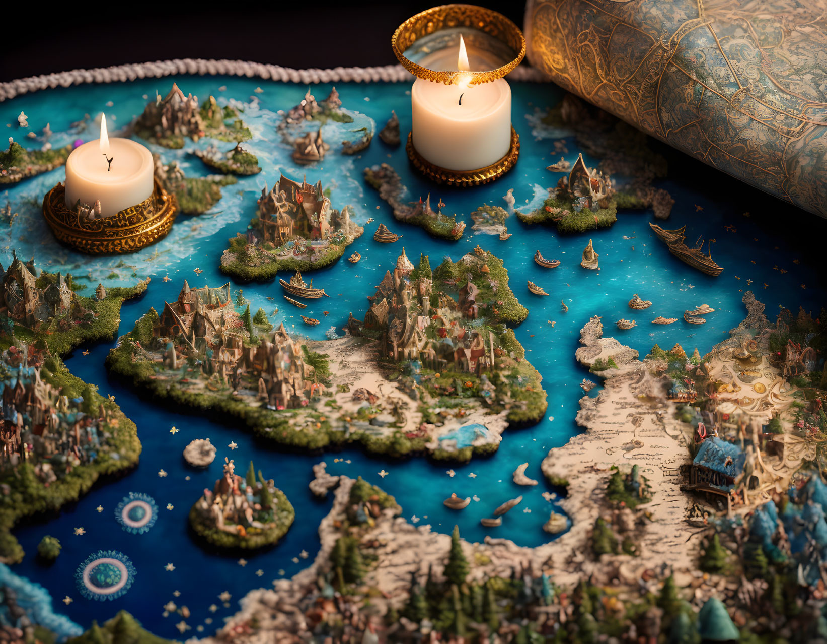 Detailed Fantasy Map with Islands, Ships, Sea Monsters, Candle, and Scroll