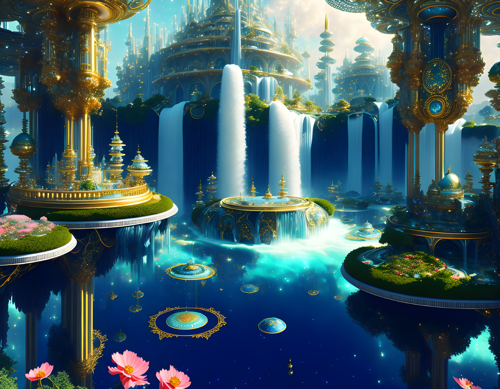 Fantastical city with golden towers, floating gardens, and vibrant flora by turquoise water
