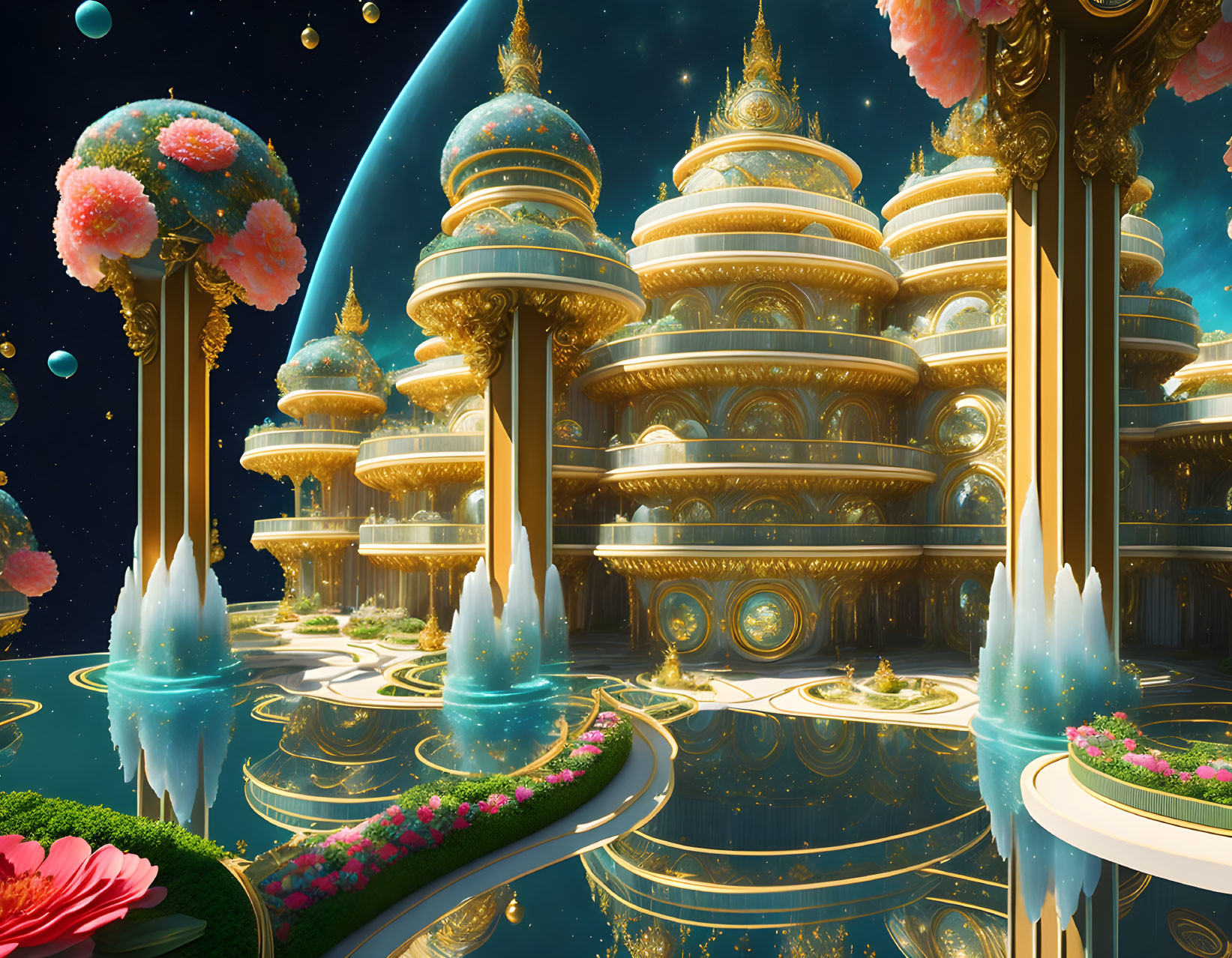 Golden city with ornate towers and gardens floating on water under starry sky