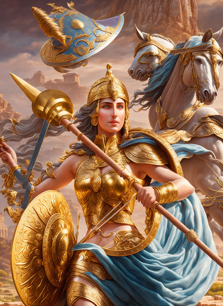 Warrior woman in golden armor riding majestic horse with spear and shield