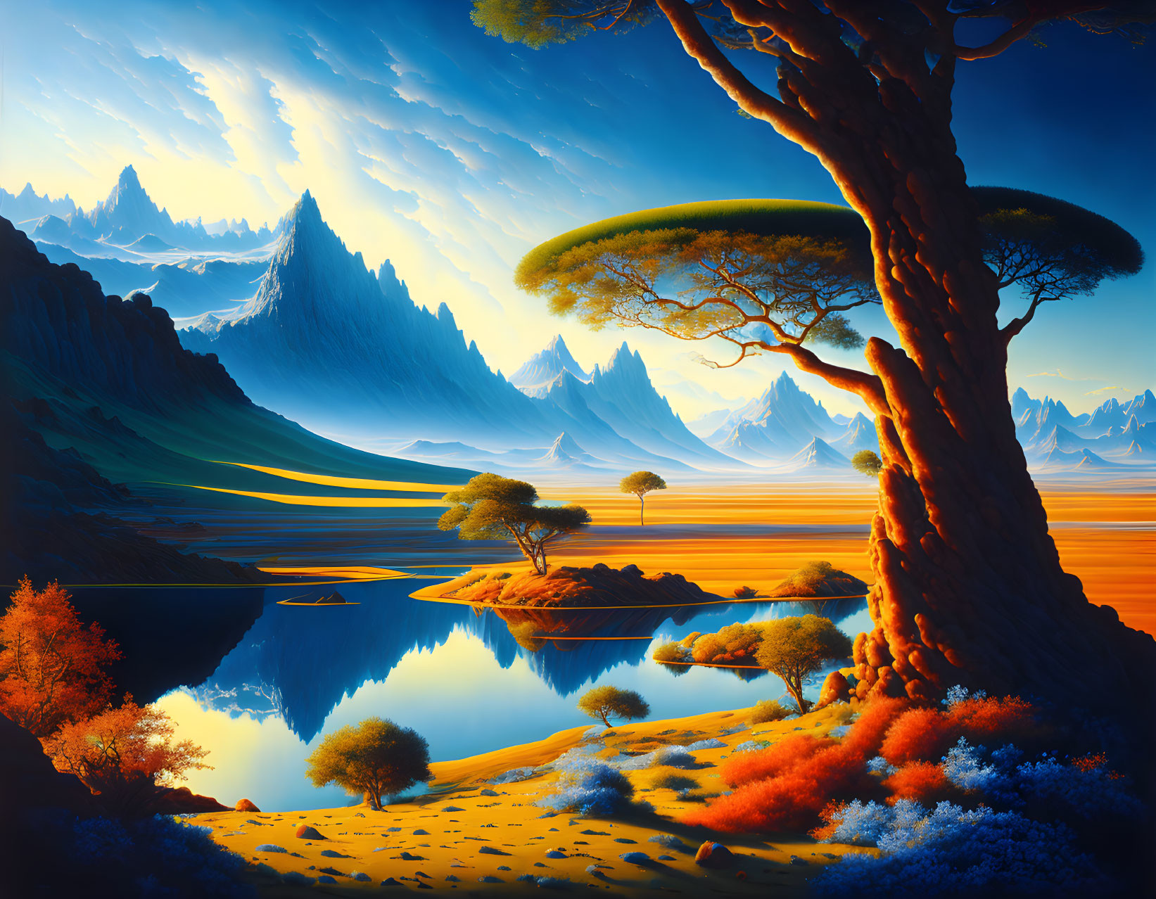 Colorful surreal landscape with large tree, reflective water, and towering mountains.