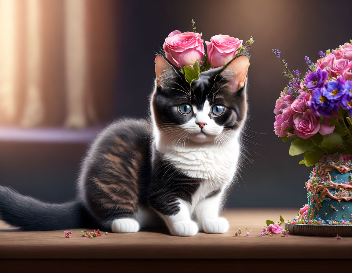 Black and White Cat with Blue Eyes and Crown of Pink Roses Beside Vibrant Floral Arrangement on