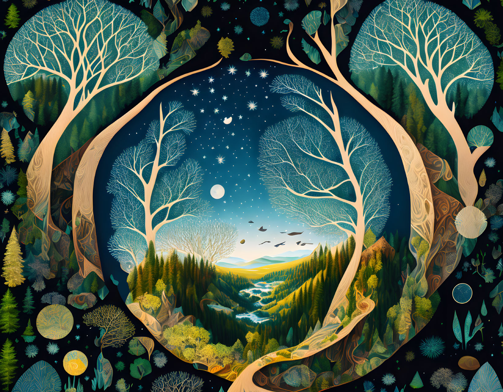 Circular forest scene transitioning from day to night with trees, river, and celestial elements.