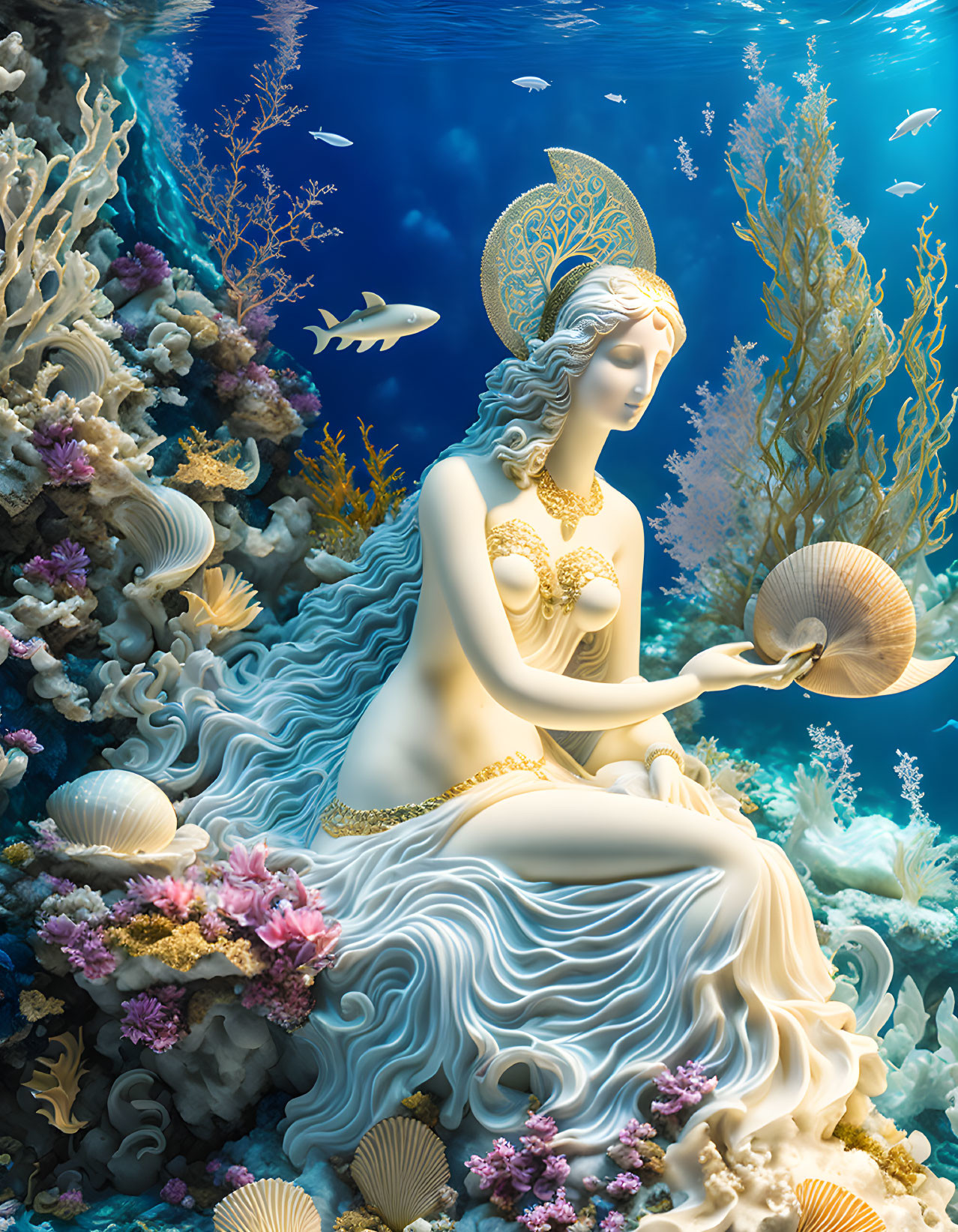 Ethereal mermaid with flowing hair and fan surrounded by vibrant marine life in underwater scene