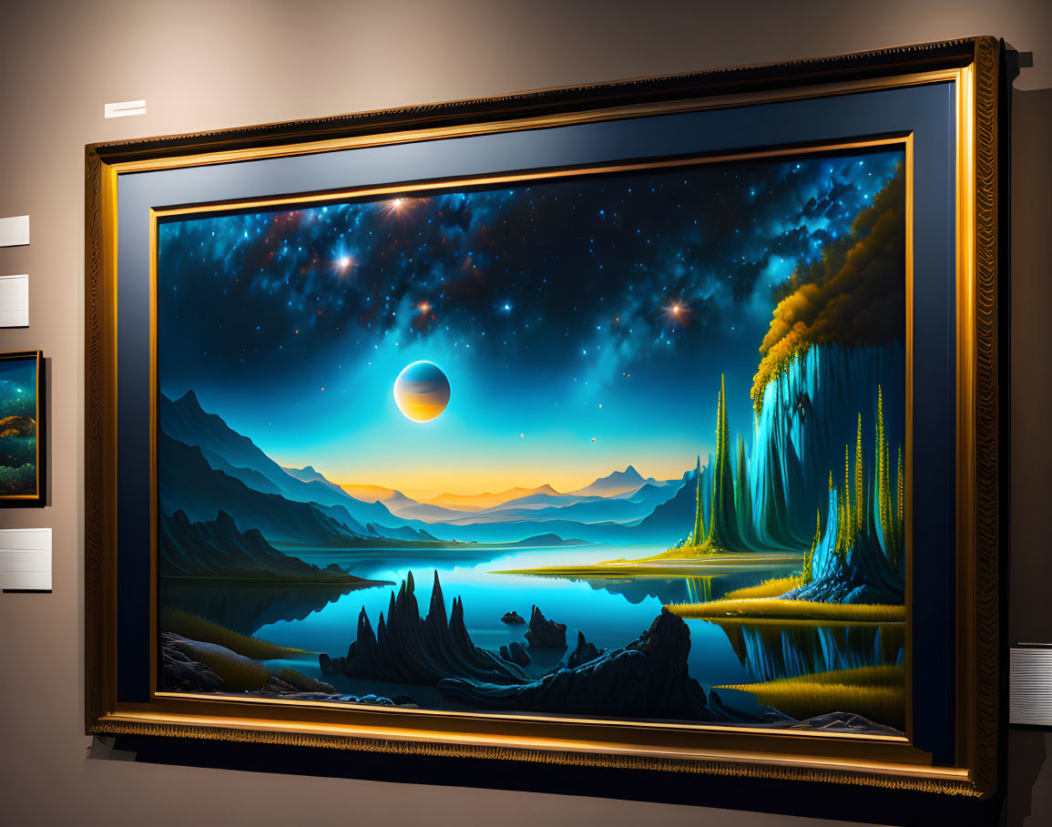 Fantastical landscape painting with mountains, night sky, and celestial body.