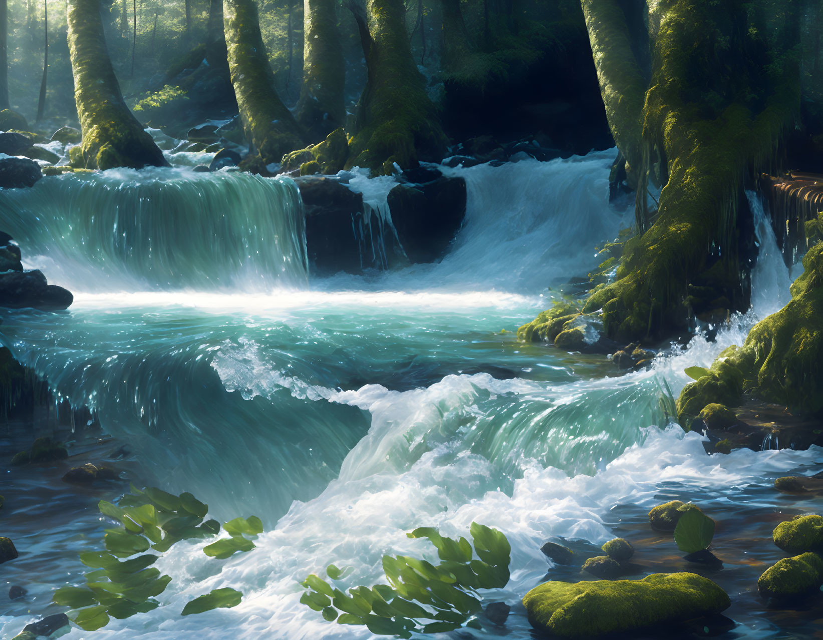 Tranquil forest scene with moss-covered trees, waterfall, and sunlight.