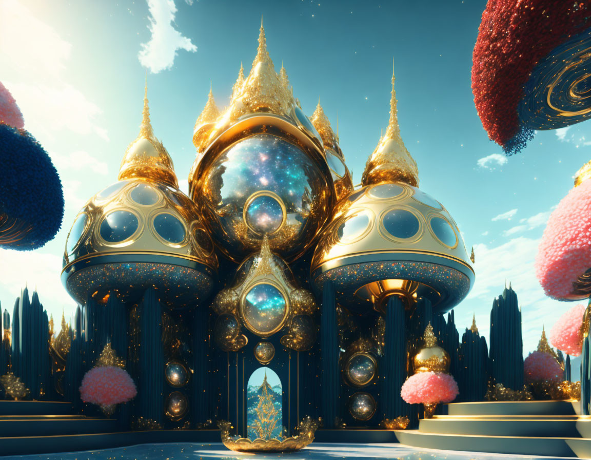 Fantastical palace with golden domes and cosmic textures surrounded by whimsical trees and vibrant flora