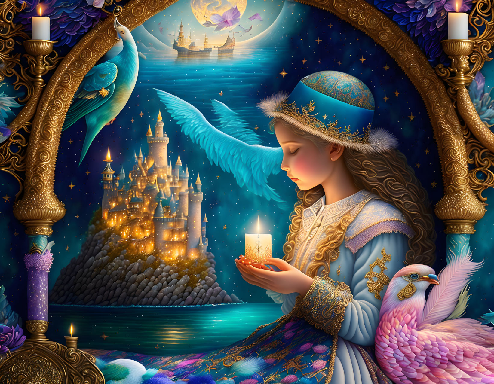 Fantasy illustration of girl with candle and bird at castle island