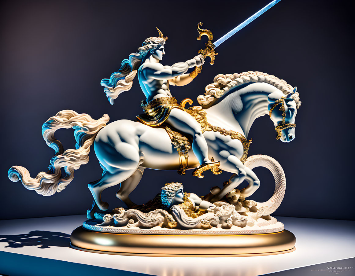 Detailed Mythological Warrior on Horse with Sword Sculpture in Digital Art