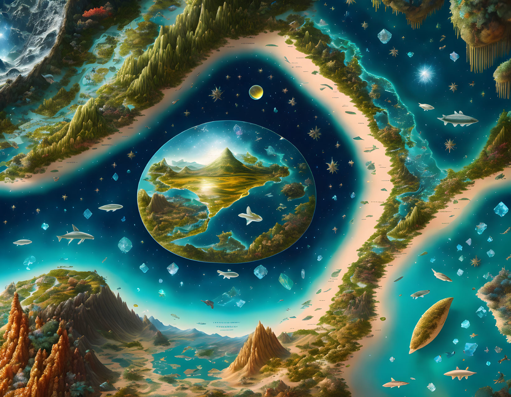 Circular surreal landscape with diverse ecosystems against space backdrop