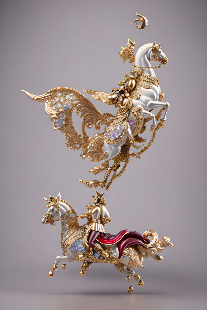 Intricate Golden Horse Sculpture with Swirls & Gem-like Details