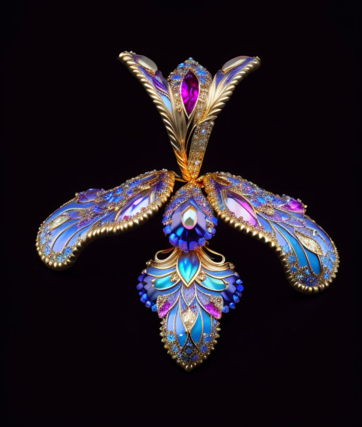 Butterfly-Shaped Brooch with Blue and Purple Enamel Wings and Gemstones