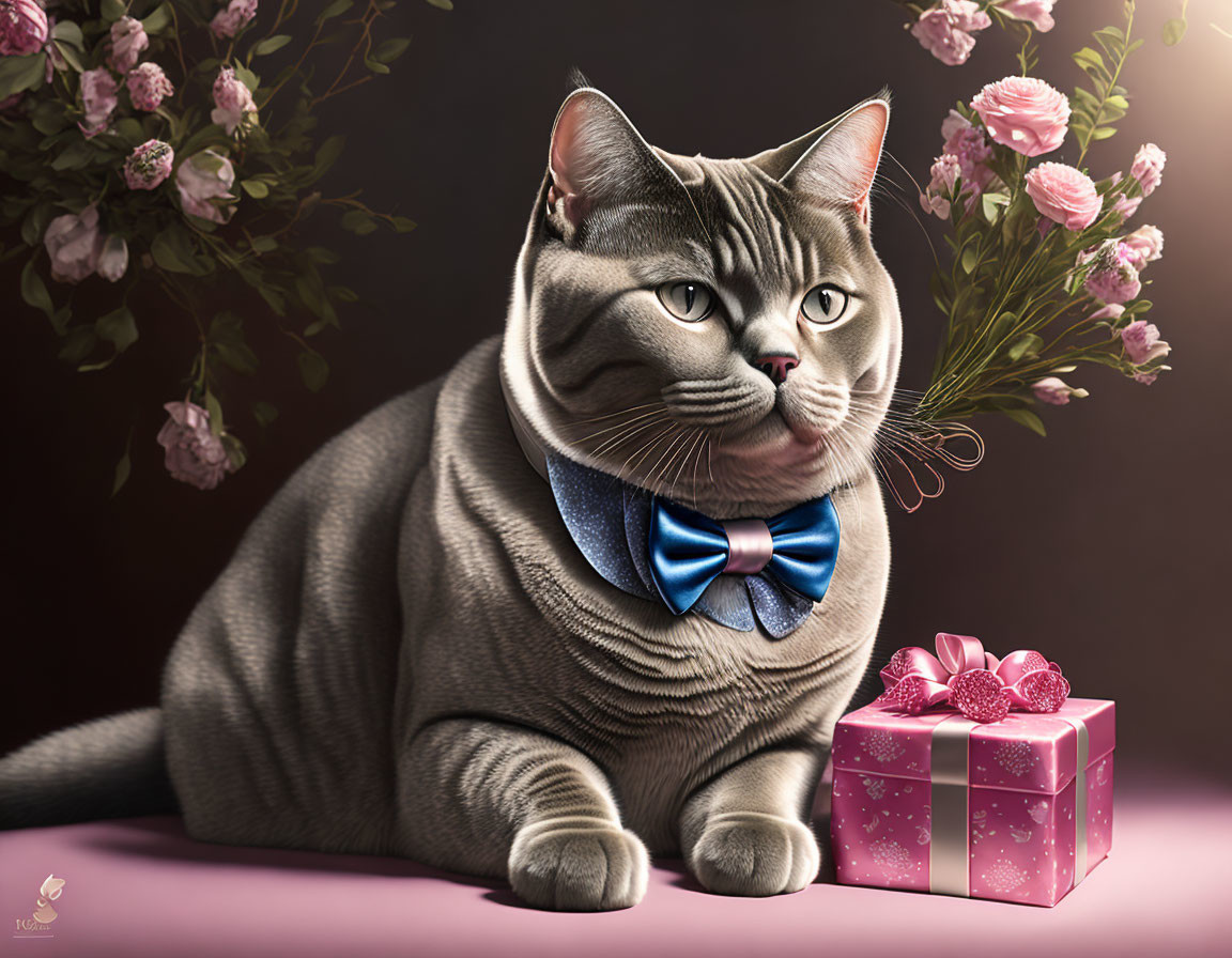 Grey Cat with Blue Bow Tie Beside Pink Gift Box and Flowers