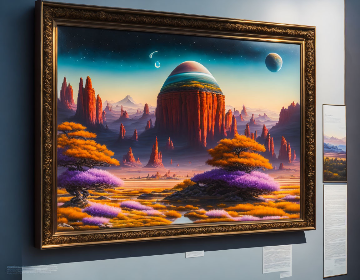 Framed painting of vibrant alien landscape with orange trees and celestial bodies