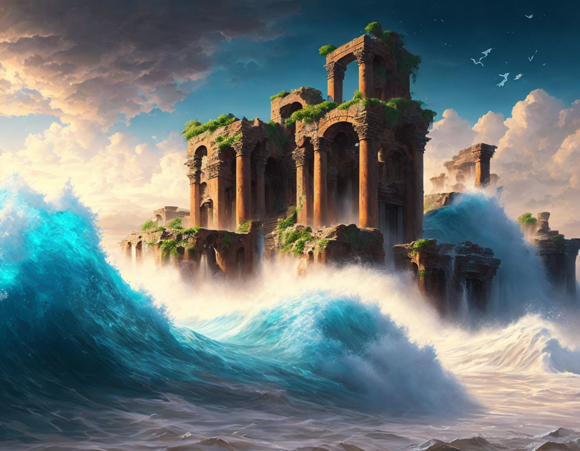 Ancient ruins on rugged cliff overlooking crashing waves and dramatic sky.