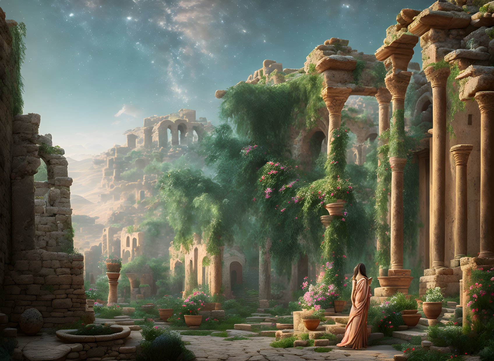 Person in flowing robe surrounded by ancient ruins, lush vegetation, and blooming flowers under daylight stars.