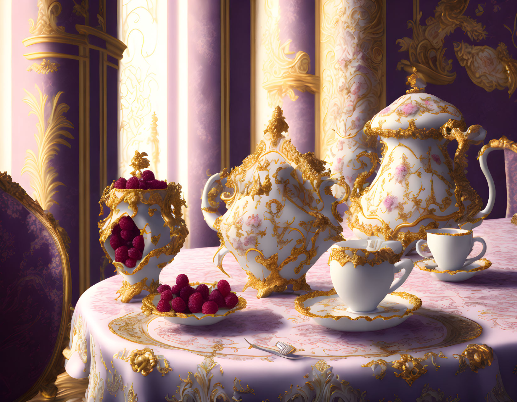 Luxurious Tea Set with Golden Accents and Raspberries on Table