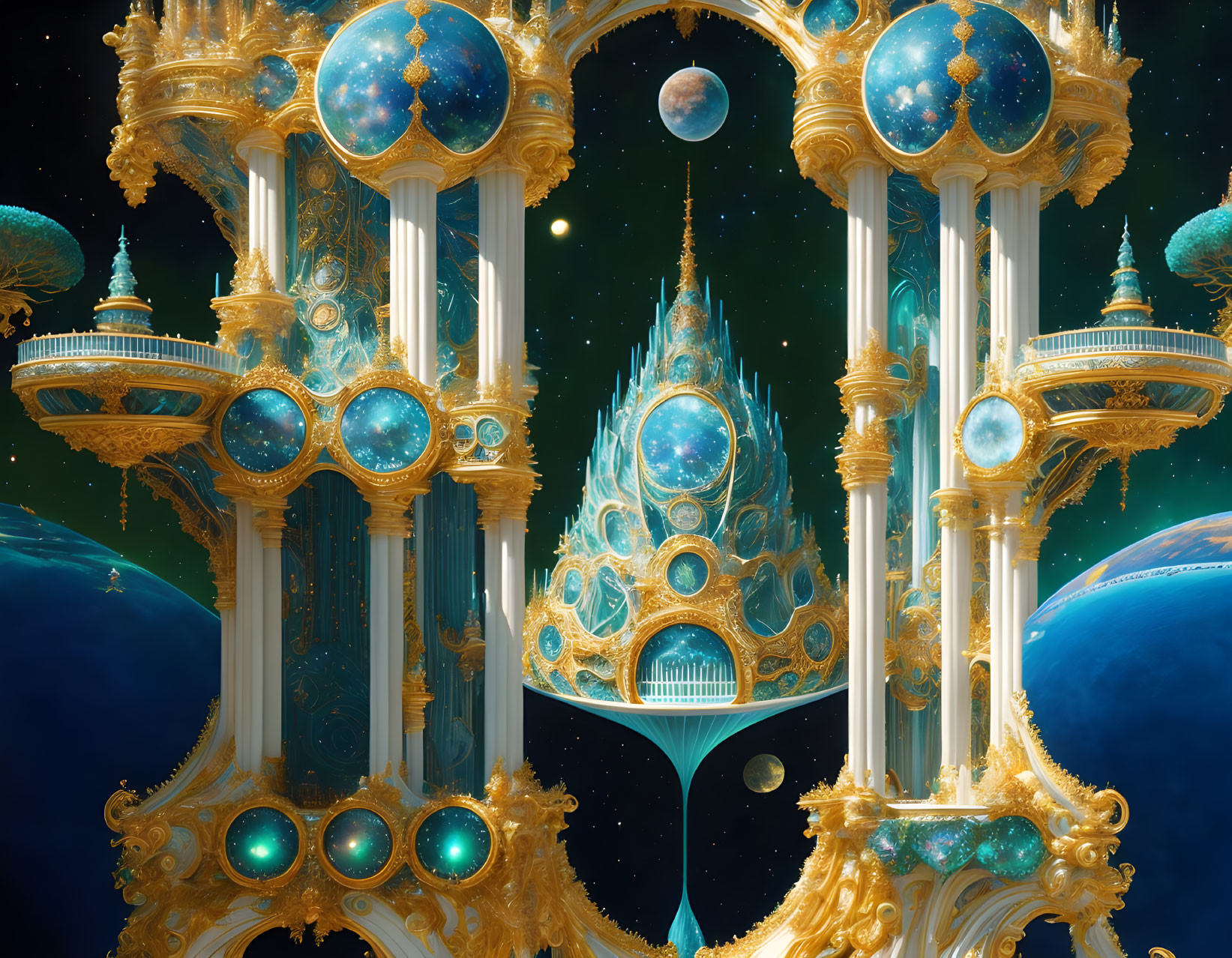 Fantasy palace with golden columns, blue domes, and celestial bodies on starry space backdrop