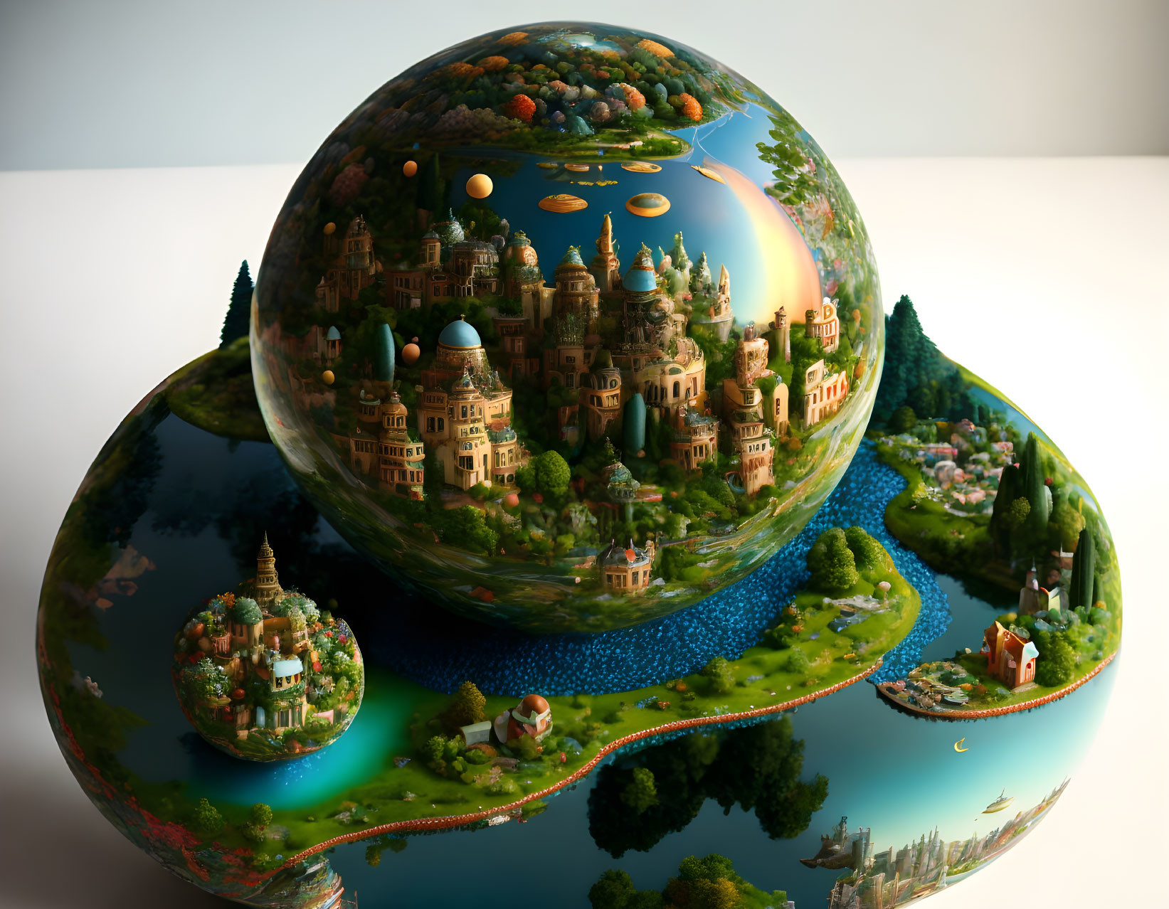 Fantastical spherical landscape with lush greenery and ornate buildings