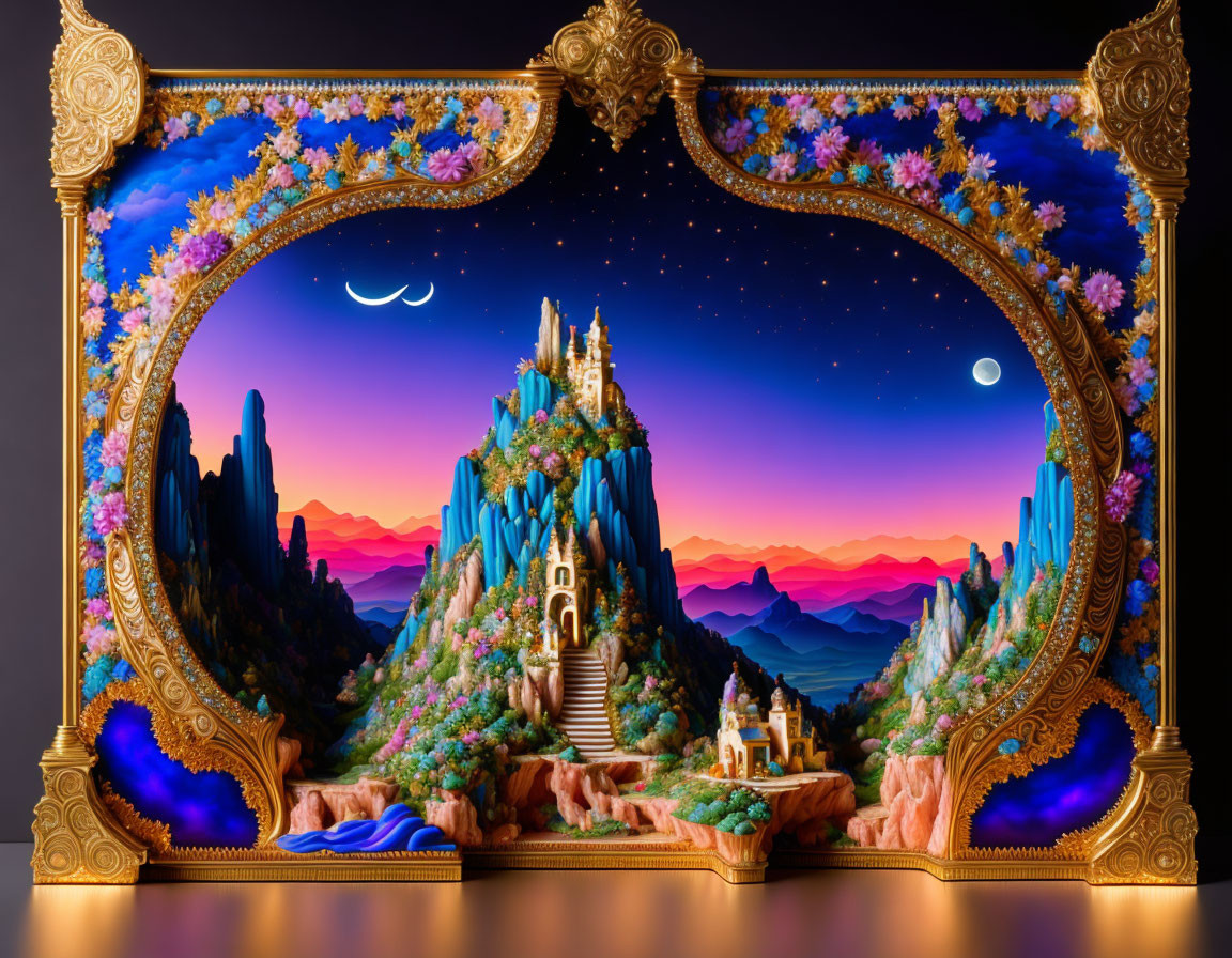 Golden-framed stage with vibrant fantastical landscape: castle, flowers, celestial bodies.