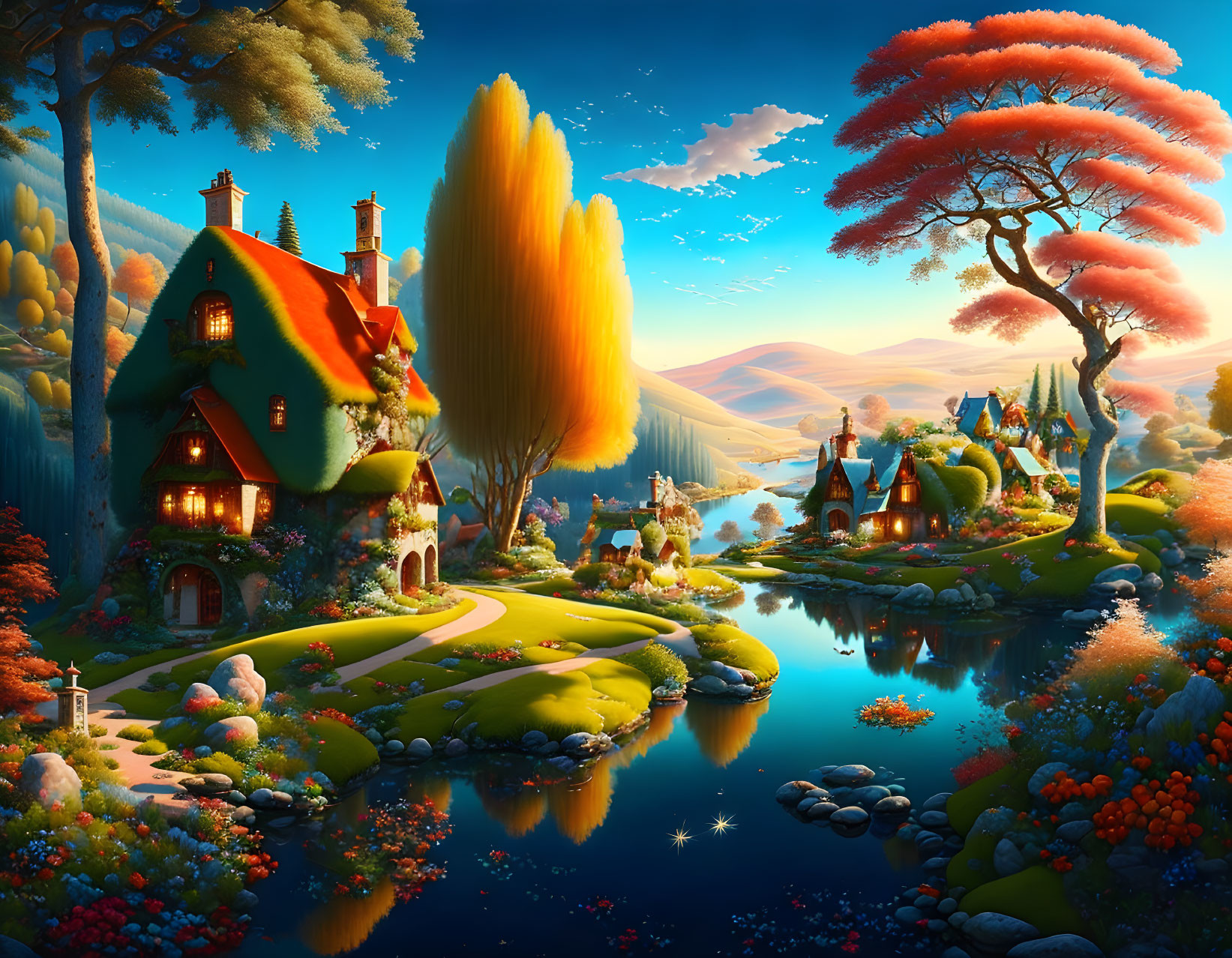 Colorful Fantasy Landscape with Whimsical Cottages and Tranquil Pond
