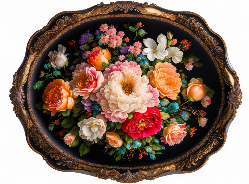 Colorful Floral Arrangement on Dark Oval Background with Ornate Frame